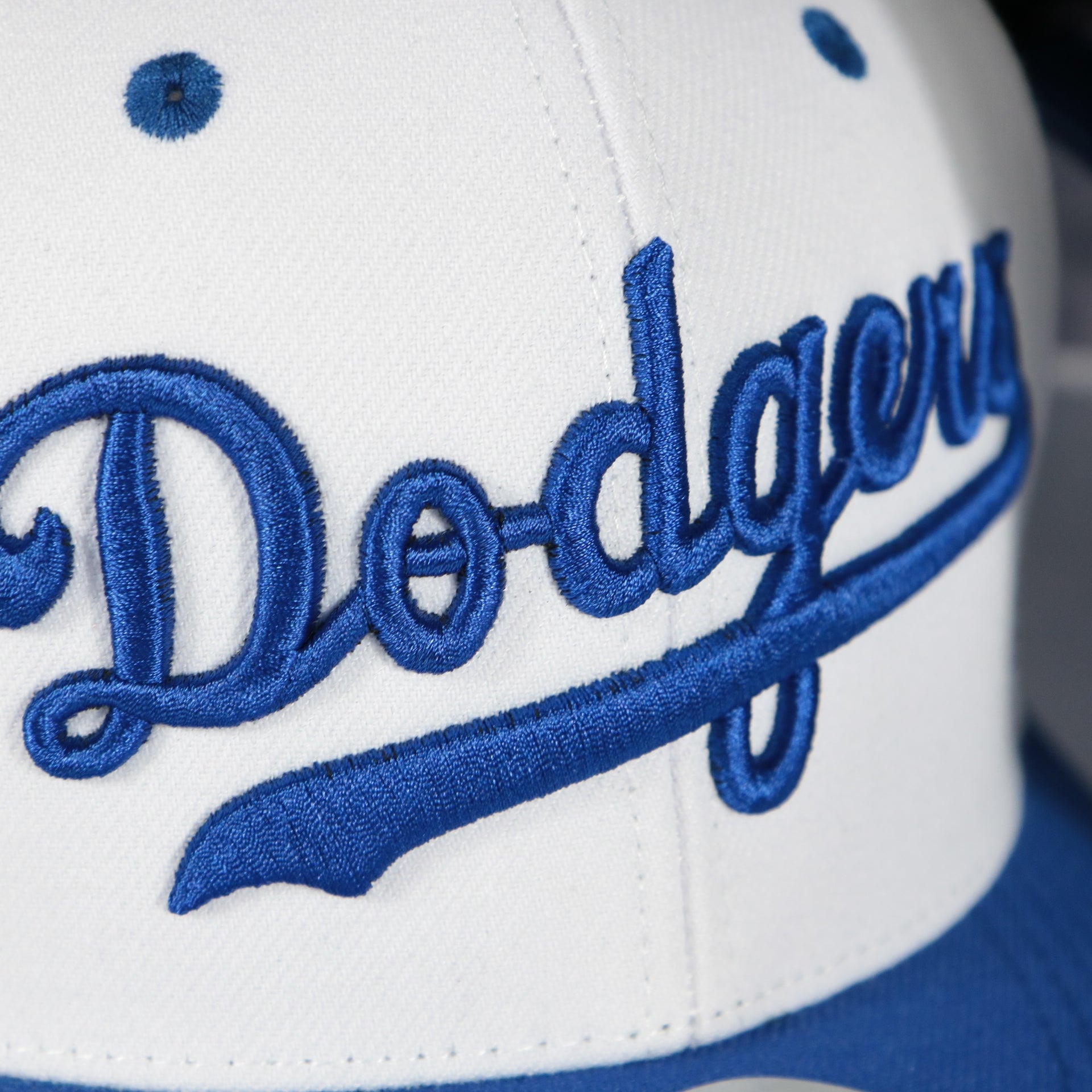 dodgers script on the Los Angeles Dodgers Cooperstown "Dodgers" Jersey Script 1958 Dodgers logo side patch Evergreen Pro | White/Royal Snapback Hat