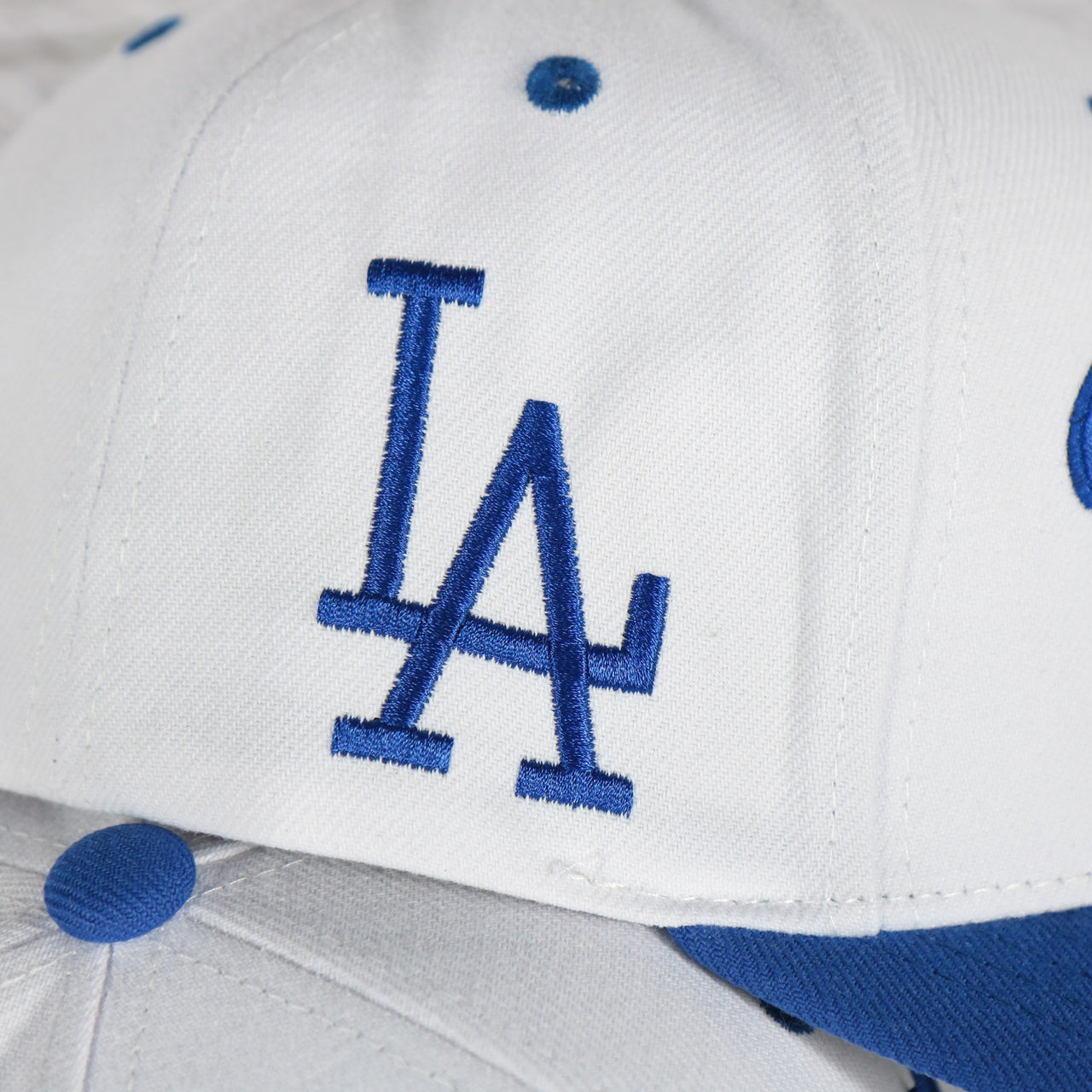 dodgers logo sidepatch on the Los Angeles Dodgers Cooperstown "Dodgers" Jersey Script 1958 Dodgers logo side patch Evergreen Pro | White/Royal Snapback Hat