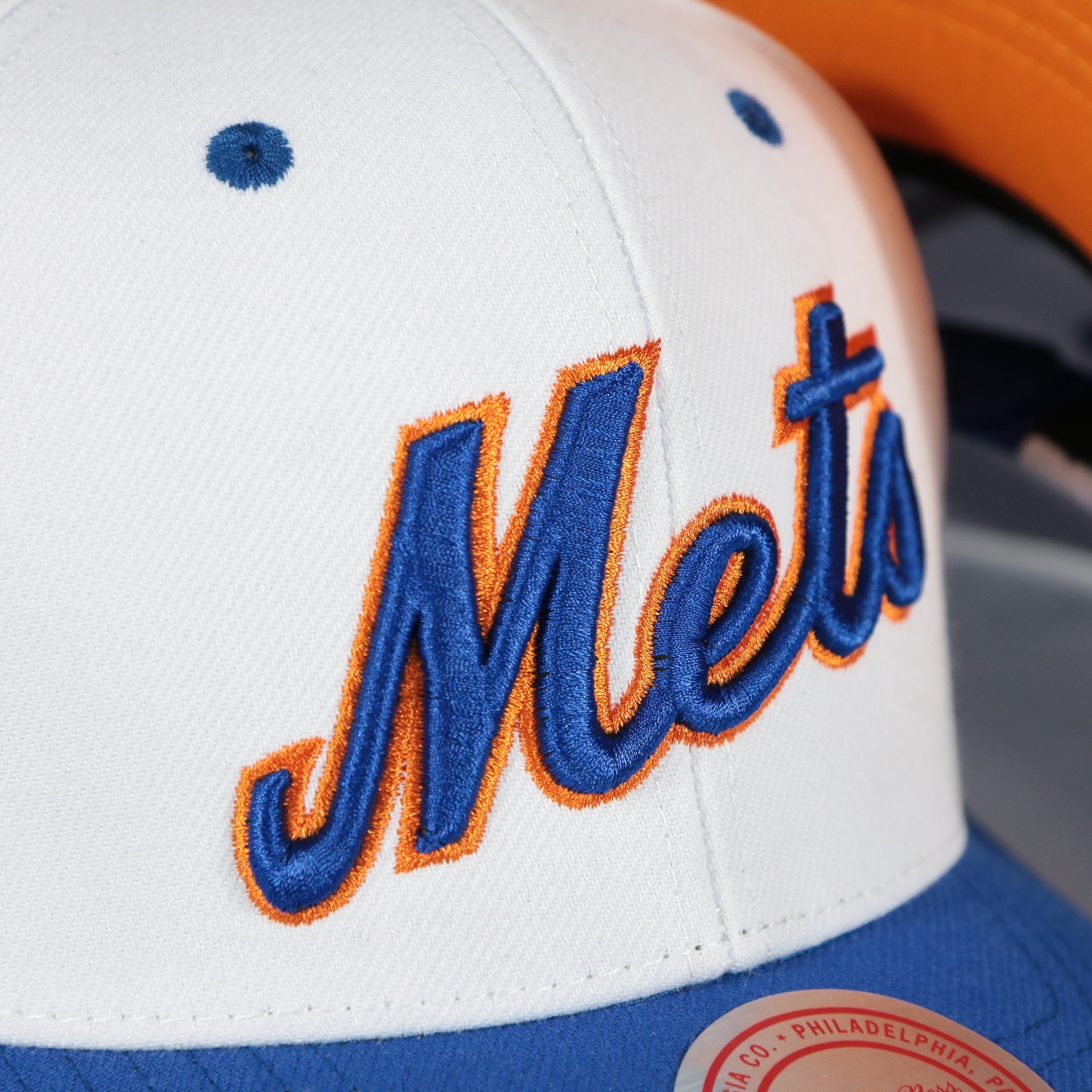 mets logo on the New York Mets Cooperstown "Mets" Jersey Script 1962 Mets logo side patch Evergreen Pro | White/Royal Snapback Hat