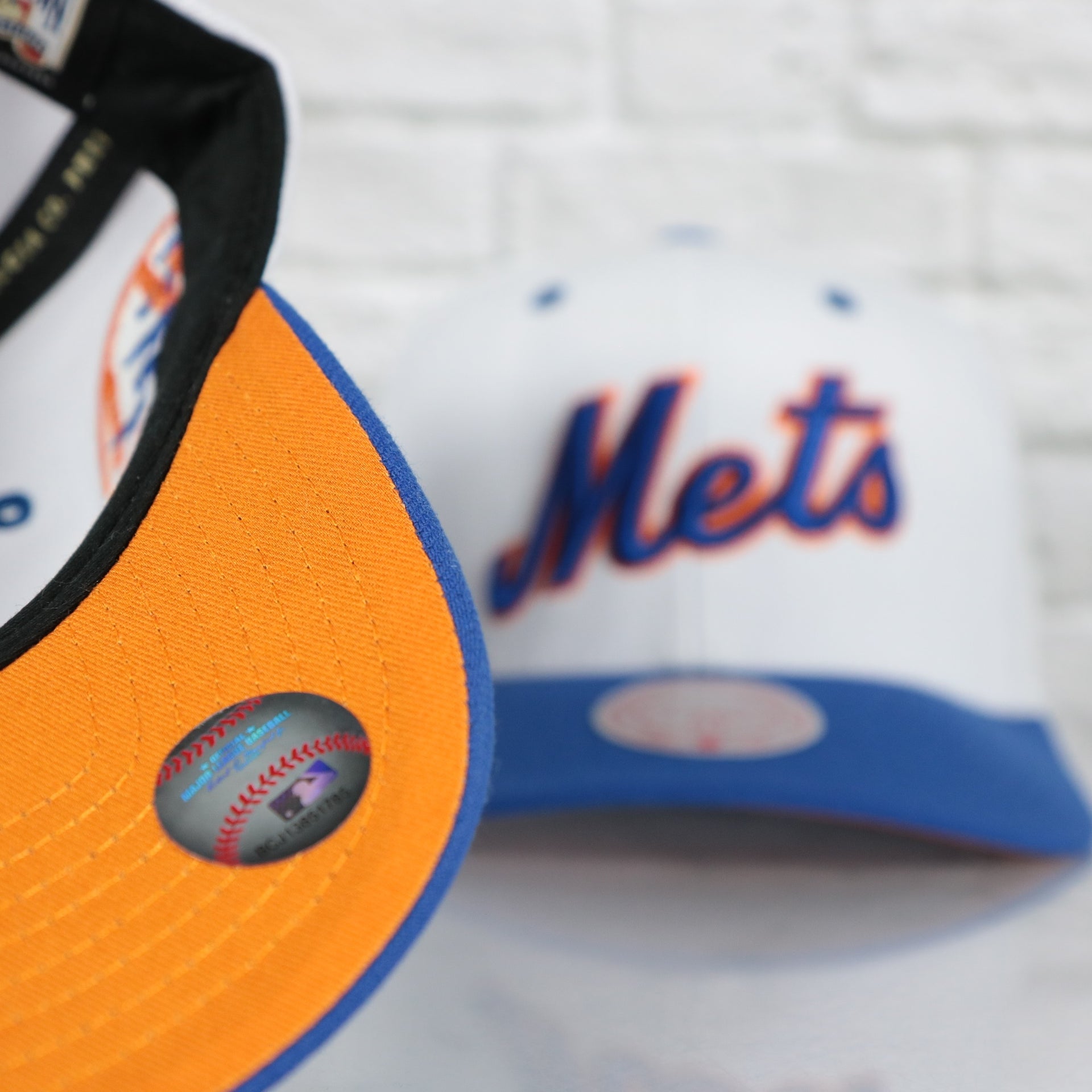 orange bottom on the New York Mets Cooperstown "Mets" Jersey Script 1962 Mets logo side patch Evergreen Pro | White/Royal Snapback Hat