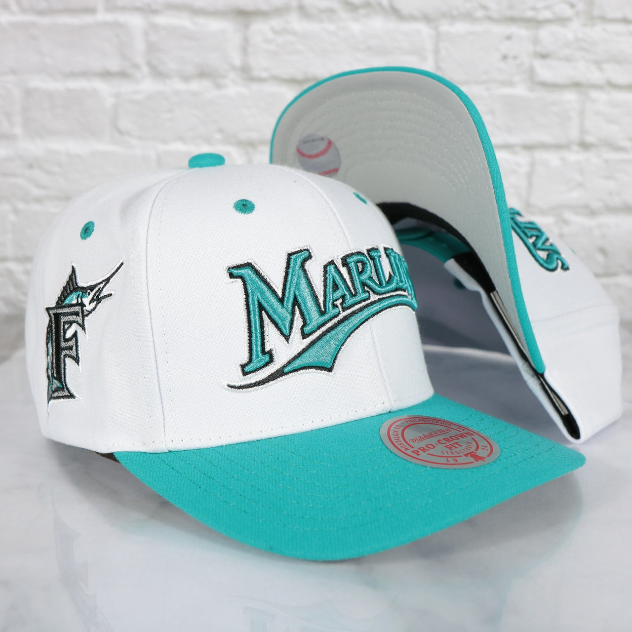 Florida Marlins Cooperstown "Marlins" Jersey Script 1993 Marlins logo side patch Evergreen Pro | White/Teal Snapback Hat