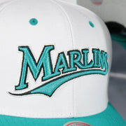 marlins script on the Florida Marlins Cooperstown "Marlins" Jersey Script 1993 Marlins logo side patch Evergreen Pro | White/Teal Snapback Hat