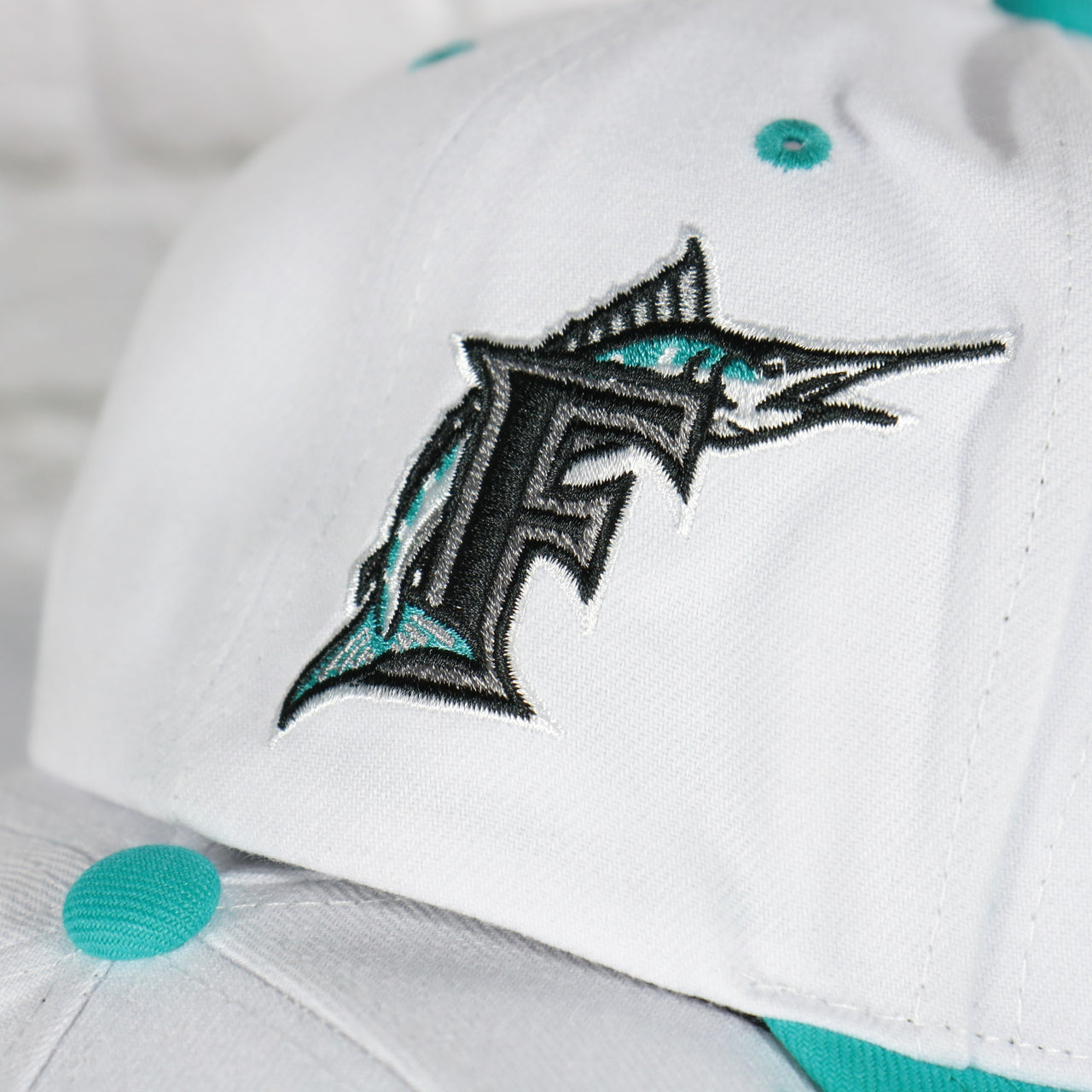 marlins logo side patch on the Florida Marlins Cooperstown "Marlins" Jersey Script 1993 Marlins logo side patch Evergreen Pro | White/Teal Snapback Hat