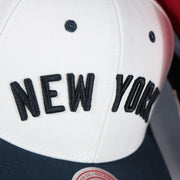 new york script on the New York Yankees Cooperstown "New York" Jersey Script 1947 Yankees logo side patch Evergreen Pro | White/Navy Snapback Hat