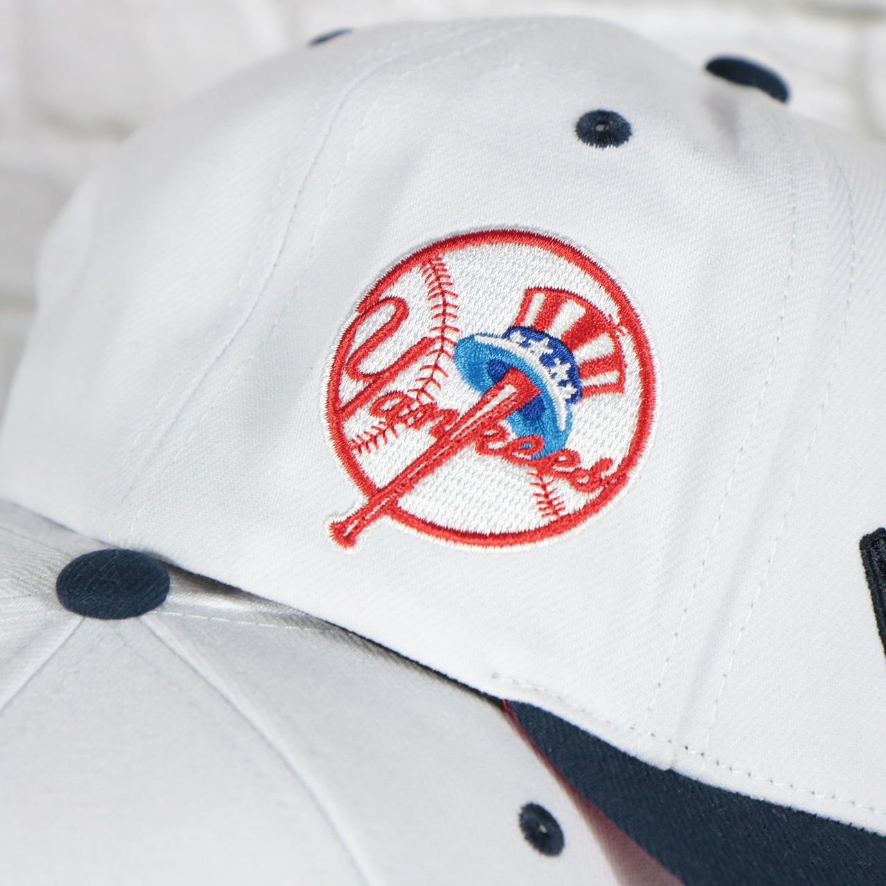 yankees logo side patch on the New York Yankees Cooperstown "New York" Jersey Script 1947 Yankees logo side patch Evergreen Pro | White/Navy Snapback Hat