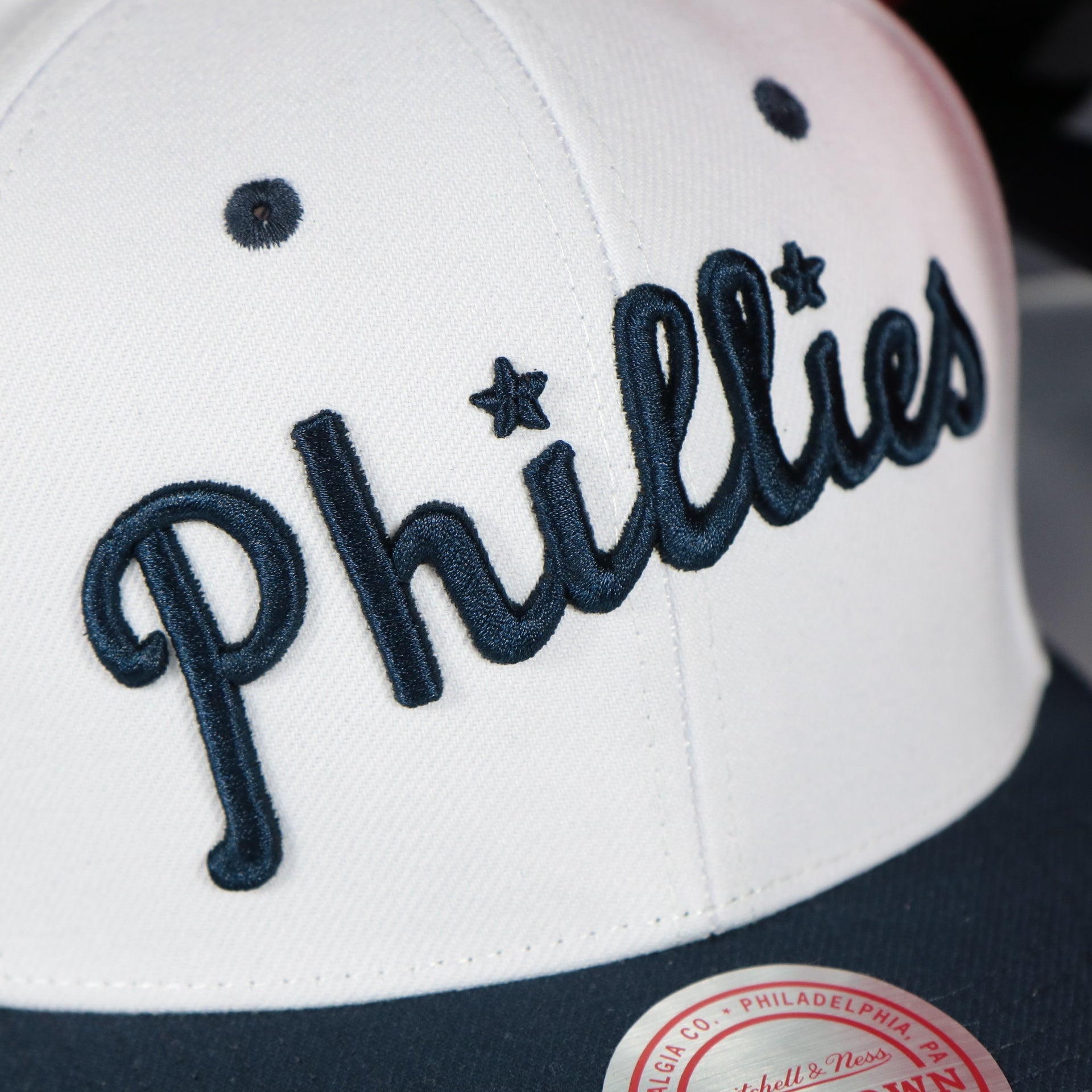 phillies script on the Philadelphia Phillies Cooperstown "Phillies" Jersey Script 1911 Phillies logo side patch Evergreen Pro | White/Navy Snapback Hat