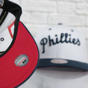red bottom on the Philadelphia Phillies Cooperstown "Phillies" Jersey Script 1911 Phillies logo side patch Evergreen Pro | White/Navy Snapback Hat