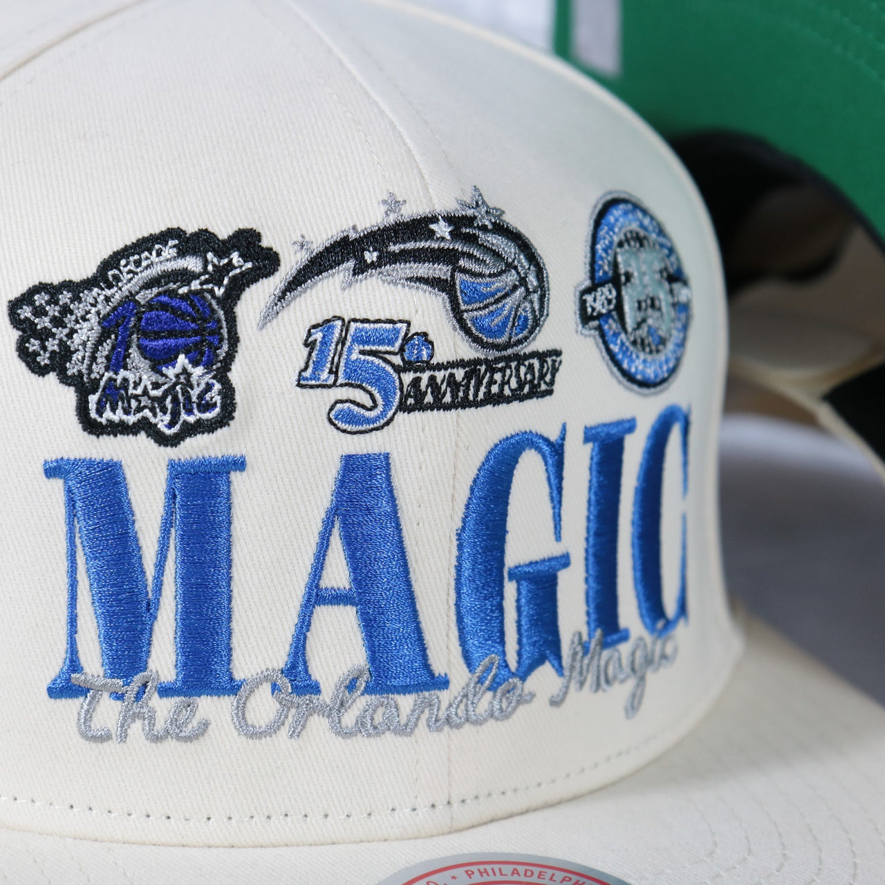 magic vintage logos on the Orlando Magic Hardwood Classics Reframe Retro Green bottom | Off-White Snapback Hat