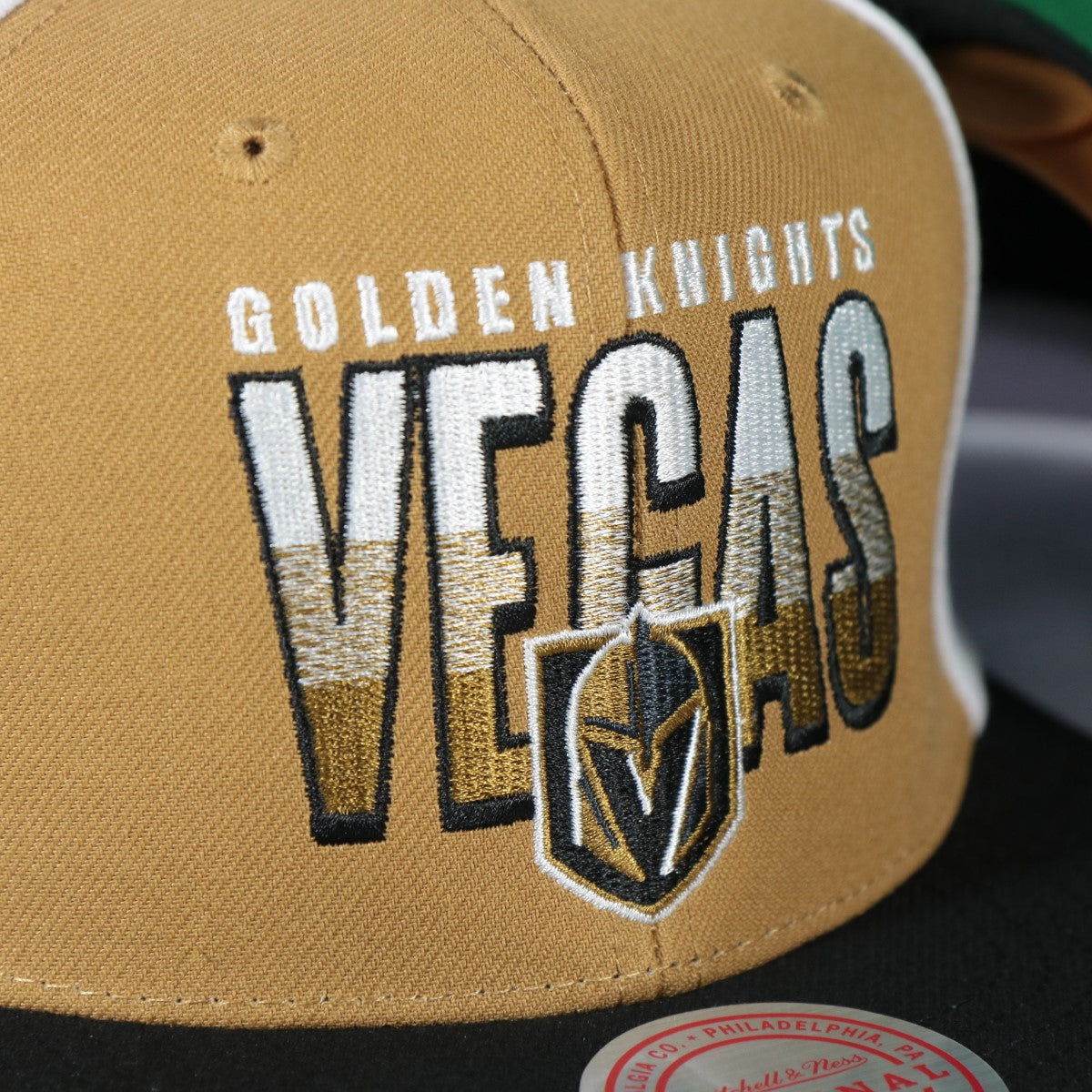 golden knights logo on the Vegas Golden Knights NHL Billboard 2 Green bottom Tri-Tone | Gold/White/Black Snapback Hat