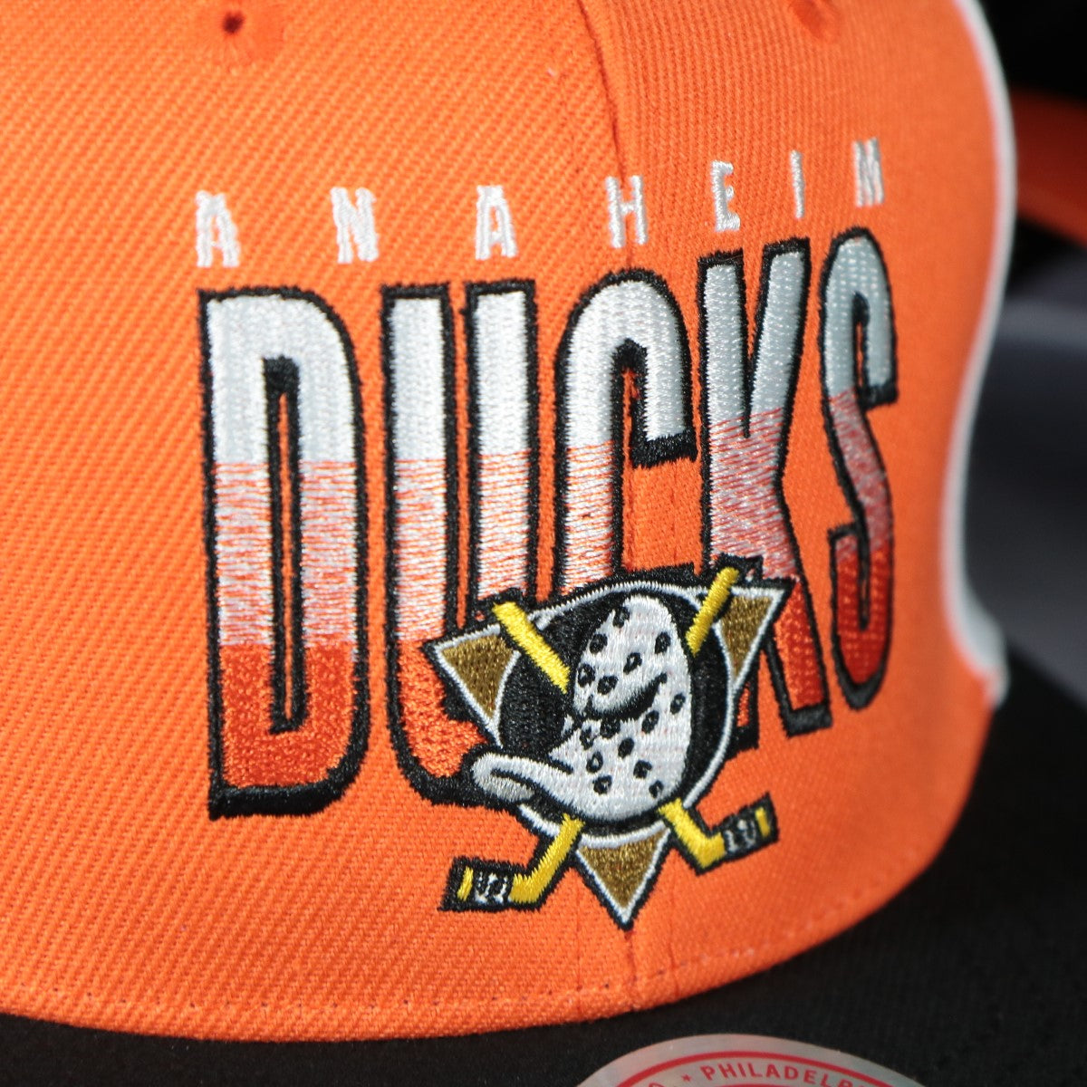 ducks logo on the Anaheim Ducks NHL Billboard 2 Green bottom Tri-Tone | Orange/White/Black Snapback Hat
