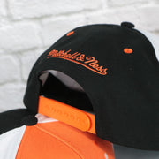 mitchell and ness logo on the Anaheim Ducks NHL Billboard 2 Green bottom Tri-Tone | Orange/White/Black Snapback Hat