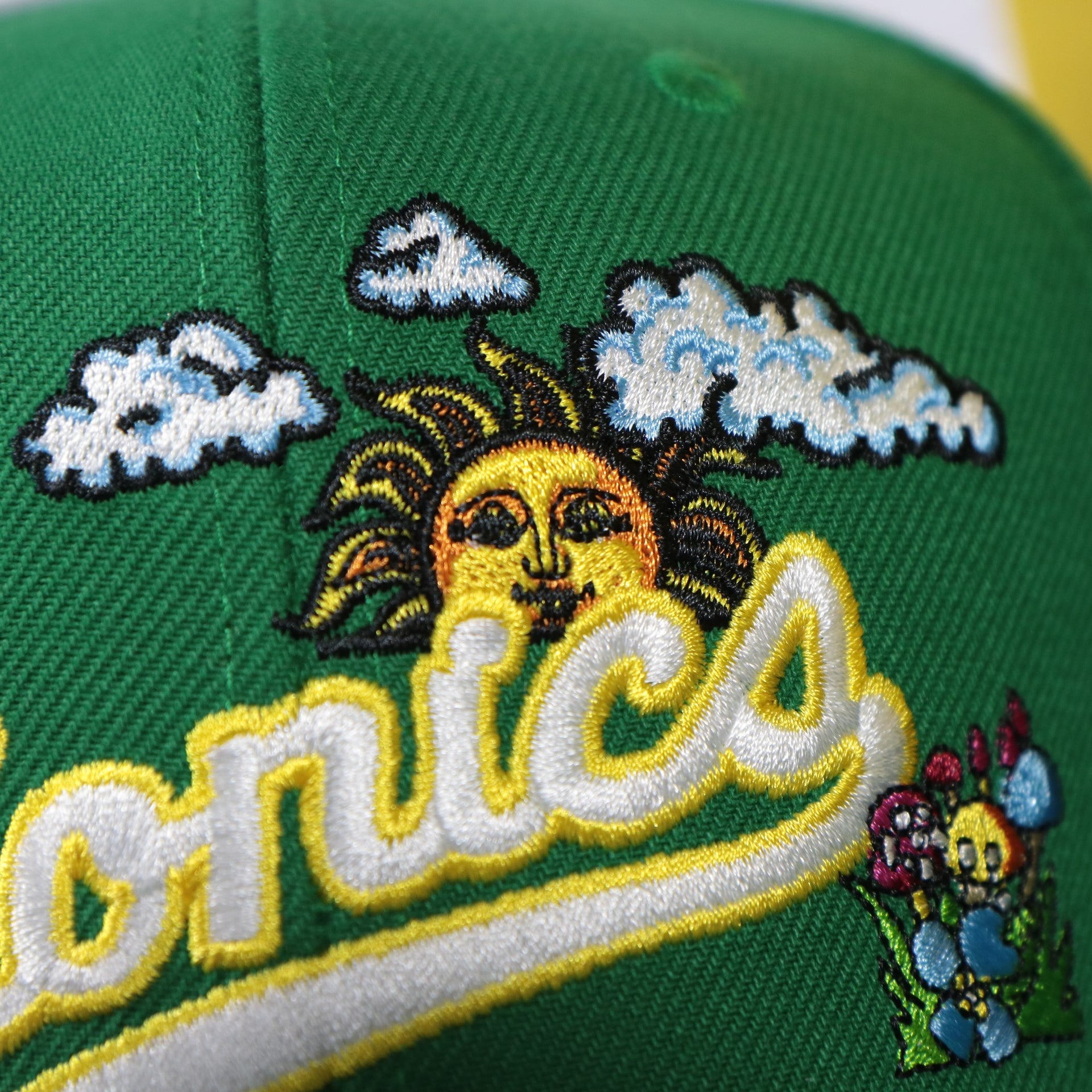 psychedelic patch on the Seattle Supersonics Throwback Wordmark Hardwood Classics  All Over Energy Psychedelic patch | Green Snapback hat