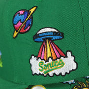 psychedelic patch on the Seattle Supersonics Throwback Wordmark Hardwood Classics  All Over Energy Psychedelic patch | Green Snapback hat