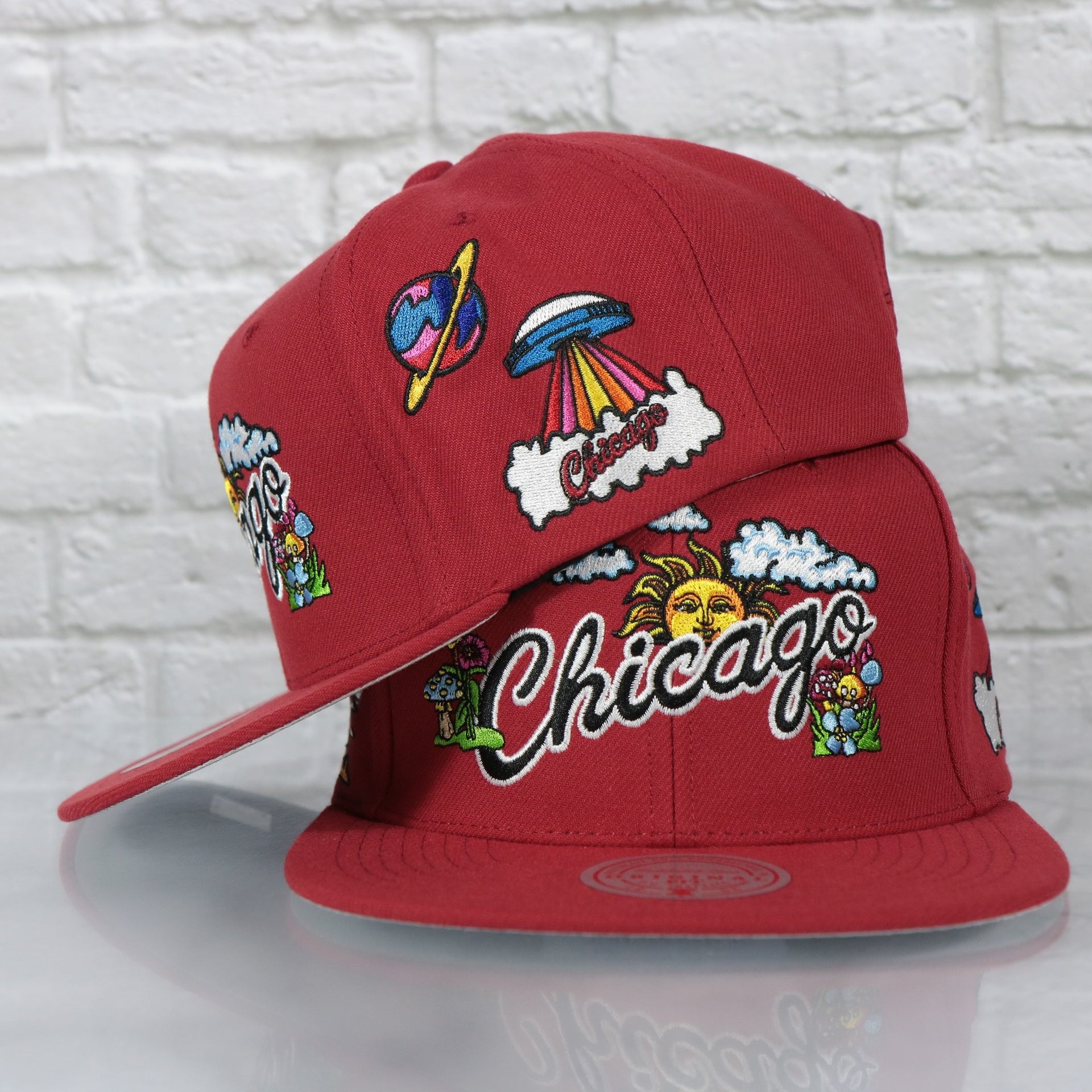 psychedelic patch on the Chicago Bulls Throwback Wordmark Hardwood Classics  All Over Energy Psychedelic patch | Red Snapback hat