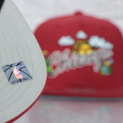 gray under visor on the mitchell and ness logo on the Chicago Bulls Throwback Wordmark Hardwood Classics All Over Energy Psychedelic patch | Red Snapback hat