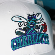 hornets logo on the Charlotte Hornets NBA Hardwood Classics All in Pro Teal Bottom | White Snapback Hat