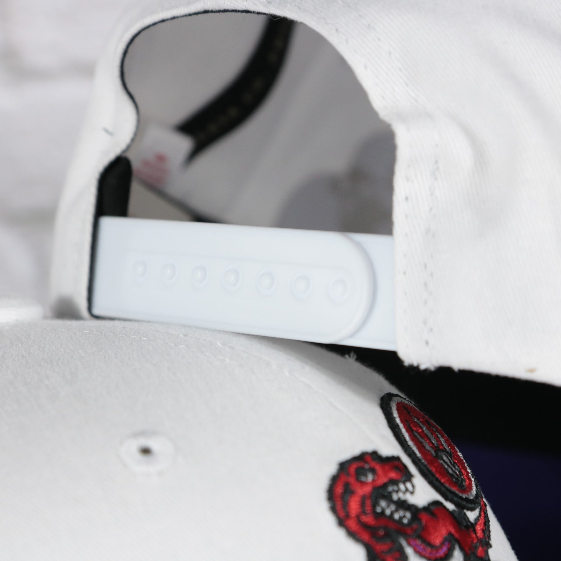 white adjustable snap on the Toronto Raptors NBA Hardwood Classics All in Pro Purple Bottom | White Snapback Hat