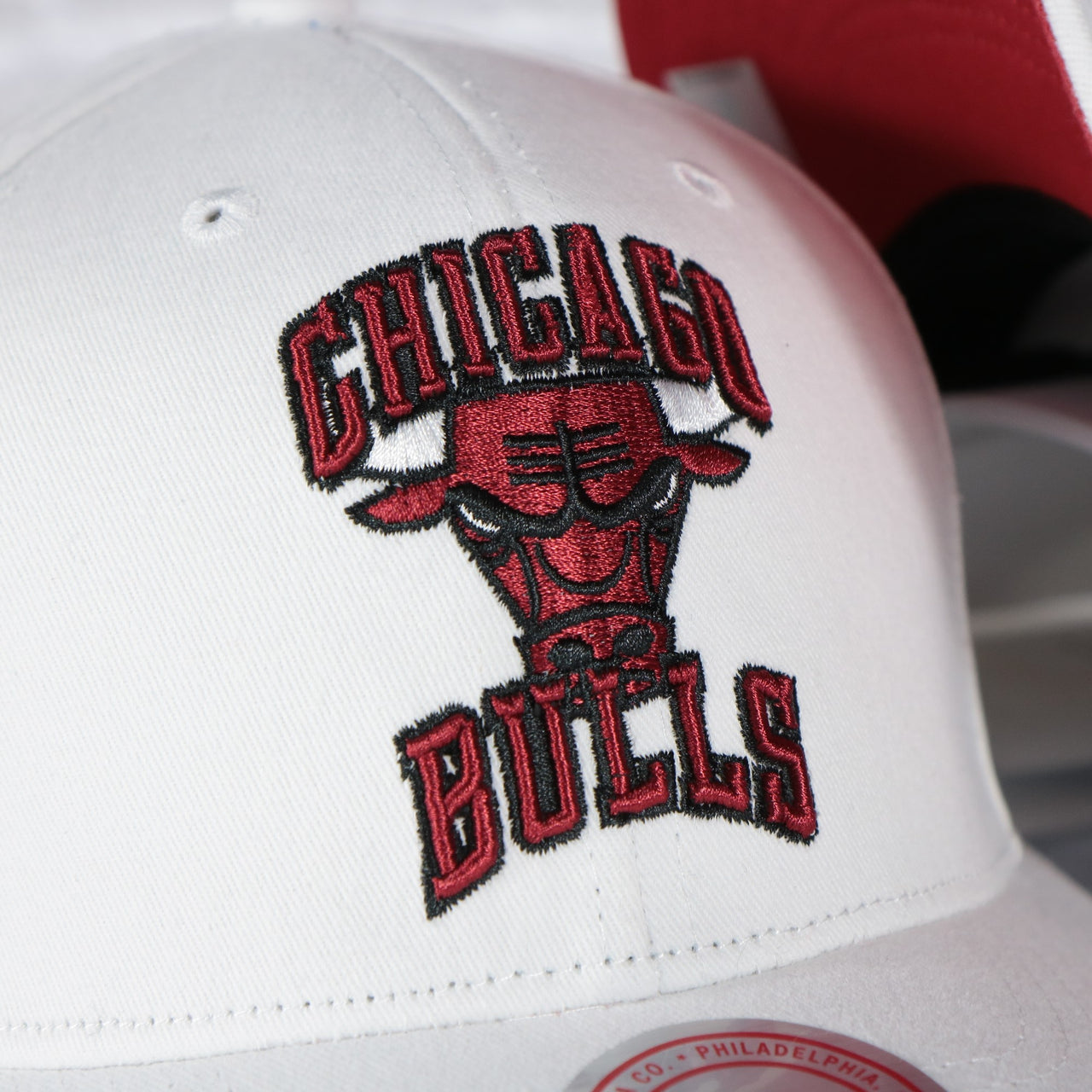 bulls logo on the Chicago Bulls NBA Hardwood Classics All in Pro Red Bottom | White Snapback Hat
