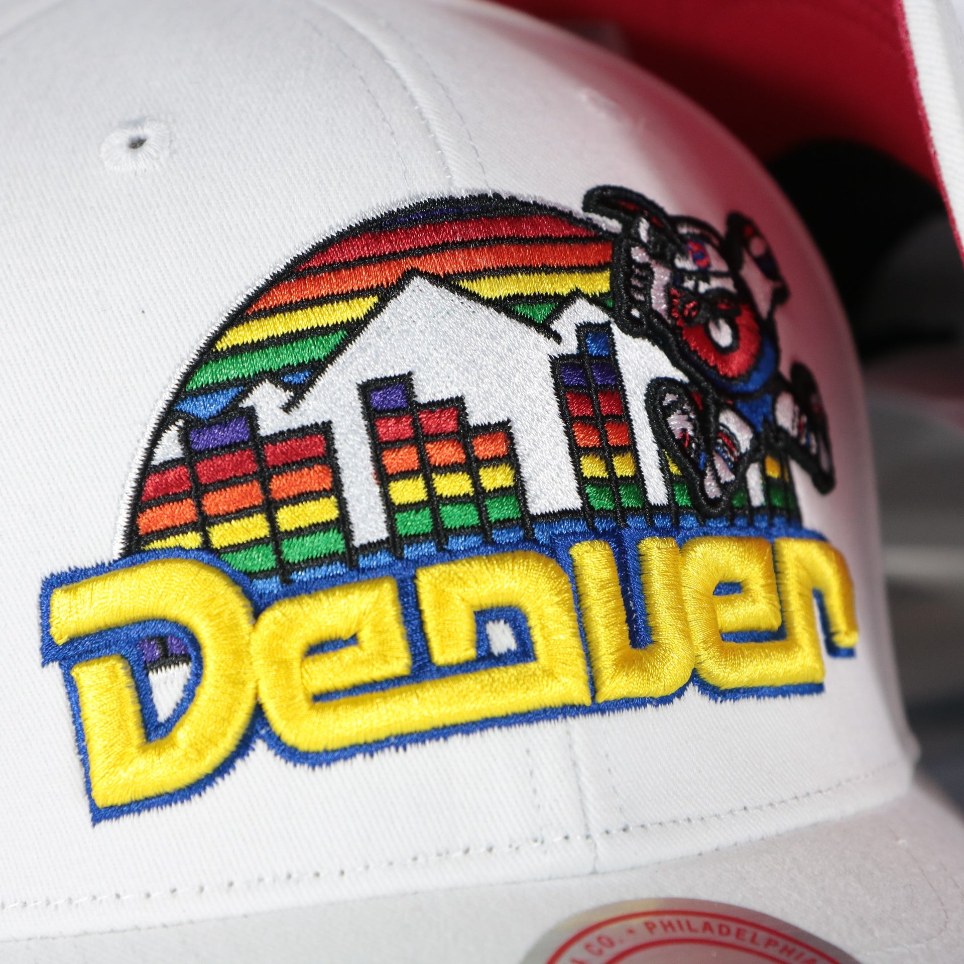 nuggets logo on the Denver Nuggets NBA Hardwood Classics All in Pro Red Bottom | White Snapback Hat
