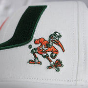 hurrricanes logo on the Miami Hurricanes NCAA All in Pro Green Bottom | White Snapback Hat