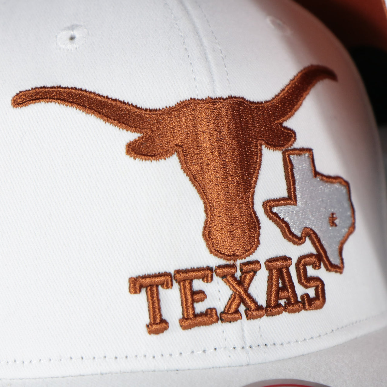 longhorns logo on the Texas Longhorns NCAA All in Pro Brown Bottom | White Snapback Hat