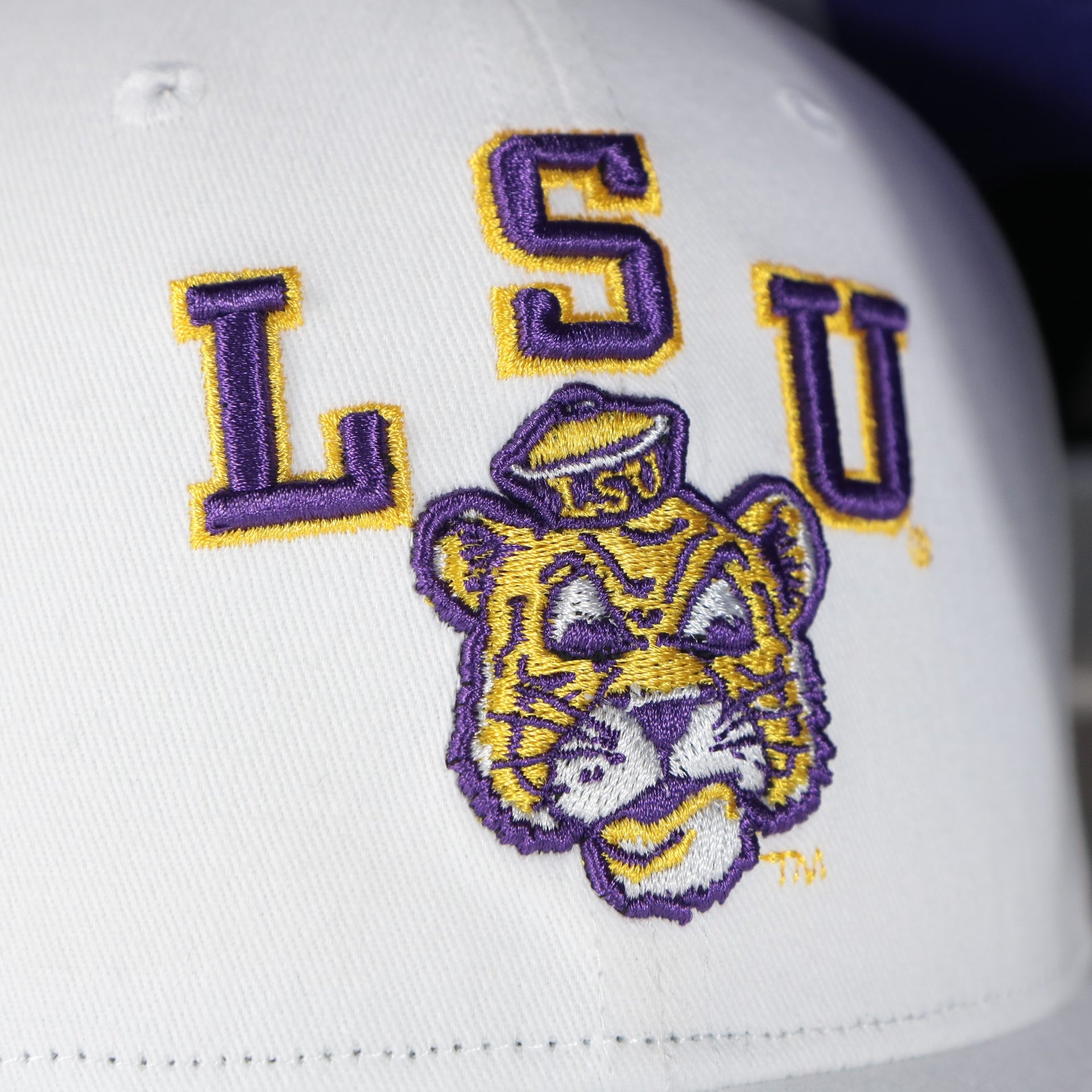 tigers logo on the Louisiana State University Tigers NCAA All in Pro Purple Bottom | White Snapback Hat