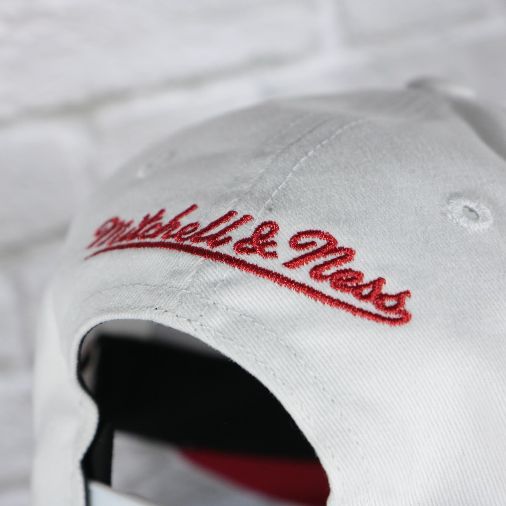 mitchell and ness logo on the Carolina Hurricanes NHL All in Pro Red Bottom | White Snapback Hat