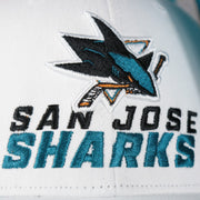 sharks logo on the San Jose Sharks NHL All in Pro Teal Bottom | White Snapback Hat