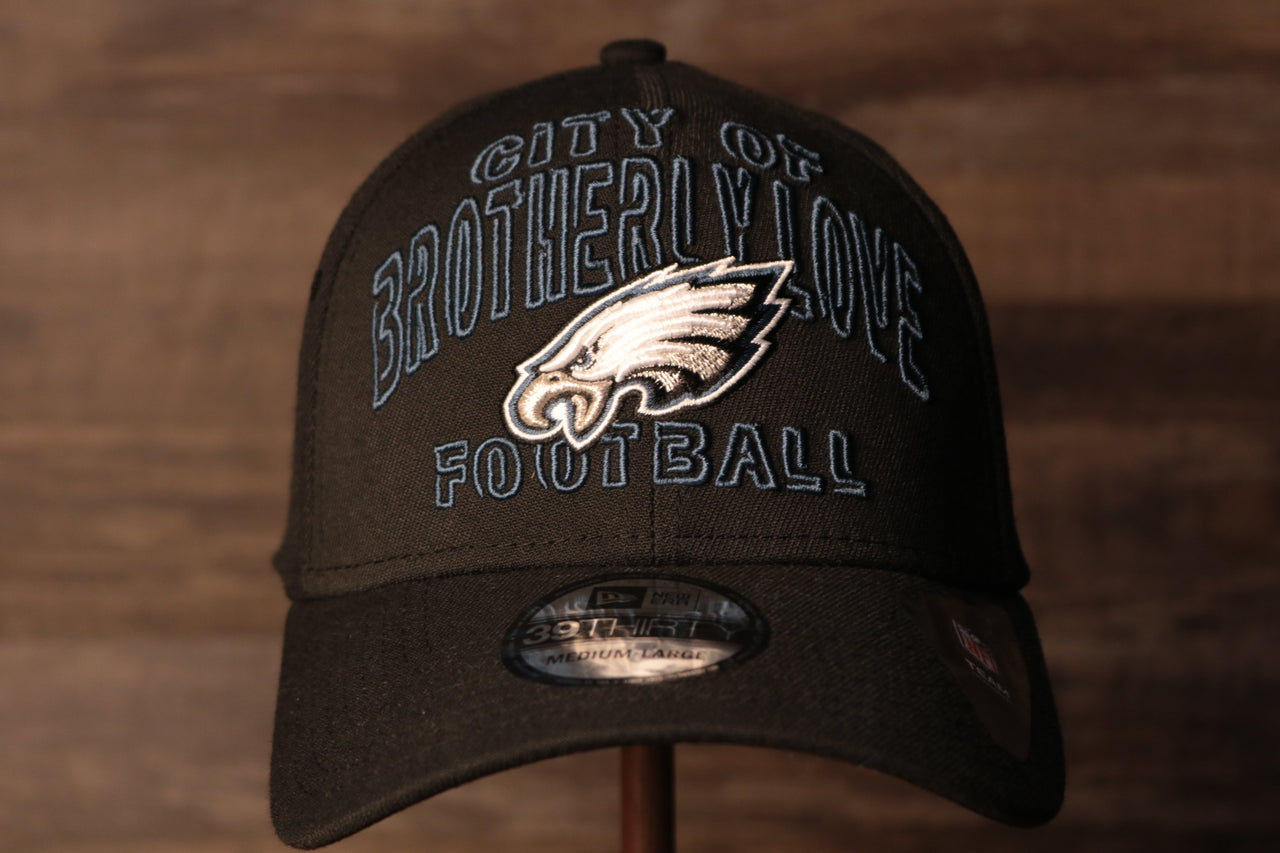 Eagles 2020 Draft Flexfit Hat | Philadelphia Eagles Alternate Draft Stretch Cap the front of this cap has the words city of brotherly love football and the eagles logo