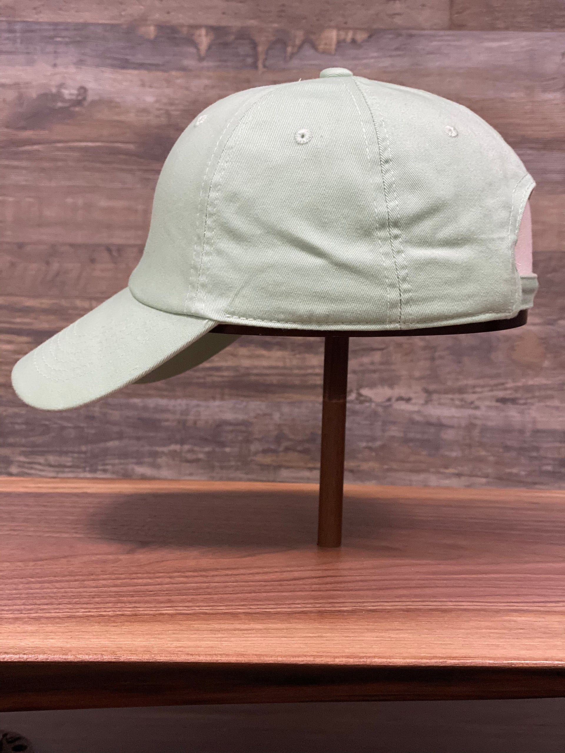 wearers left side of Sage Blank Dad Hat | Embroidery and Brand start up ball cap