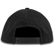 on the back of the blank black snapback hat is an adjustable black snap closure