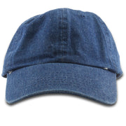 The blank dark denim dad hat is solid denim with a soft unstructured crown and a bent brim