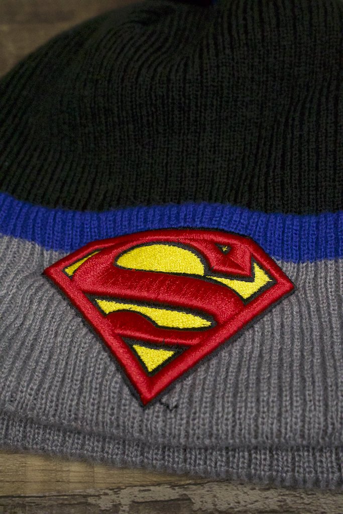 Superman Beanie | DC Comics x New Era Superman Black Raised Cuff Winter Pom Beanie