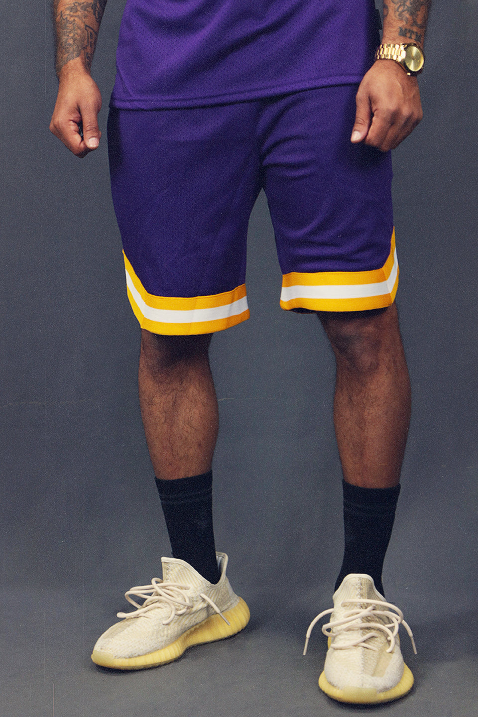 Men's Hooper Basketball Workout Purple Los Angeles Mesh Retro Shorts front view