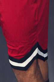 Side view of the Men's Hooper Basketball Workout Red Chicago Mesh Retro Shorts