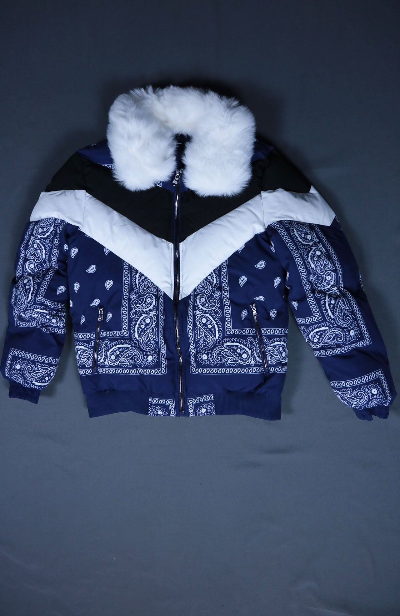 Front view of the Navy Bandanna Print Jacket | Classic Paisley Pattern Winter Jacket | Faux Vegan Fur Hood