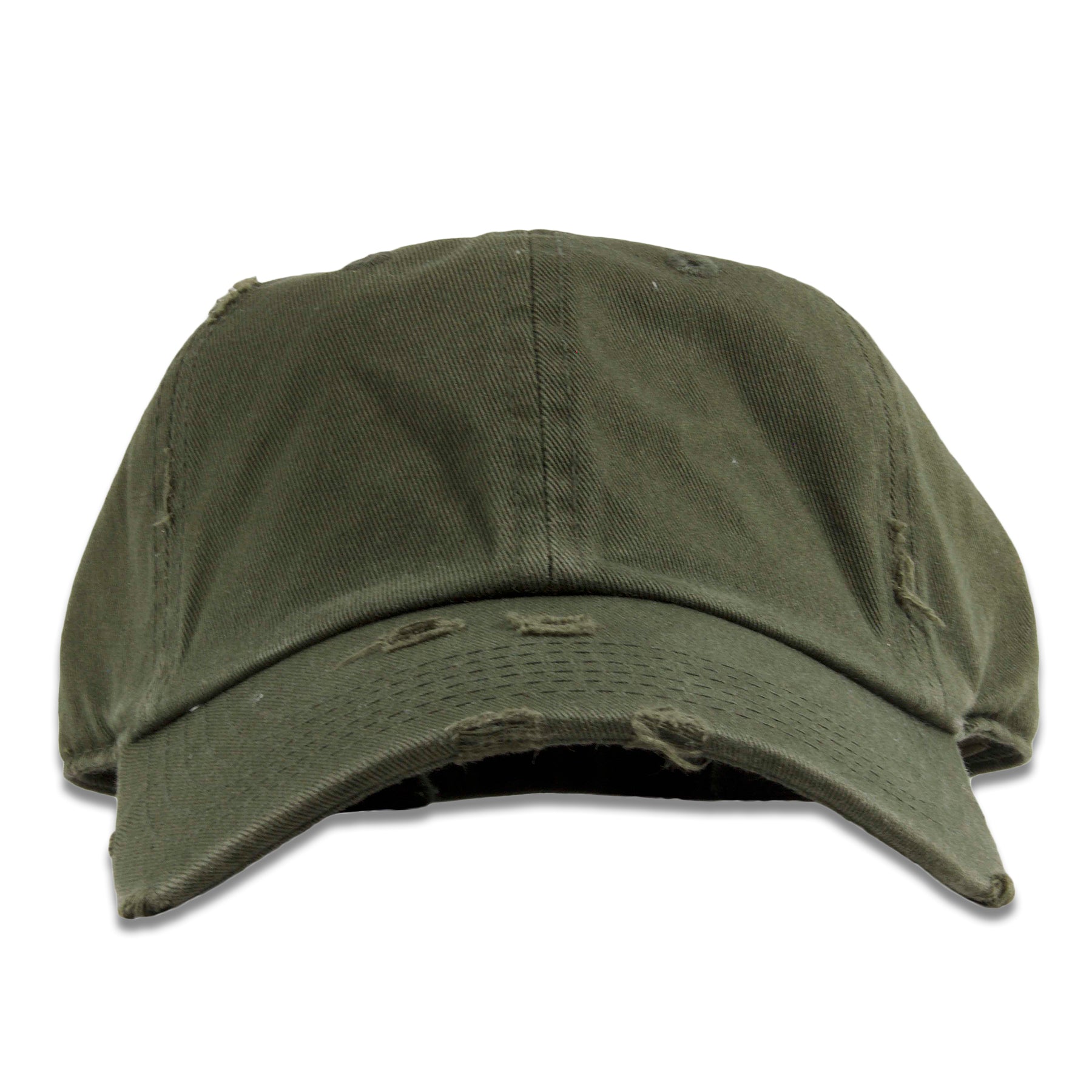 The olive blank kid's distressed dad hat has an unstructured soft crown and a bent brim
