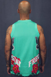 Men's Sleeveless Basketball Shirt Muscle Workout Aqua Sky Floral Mesh Tank Top back view