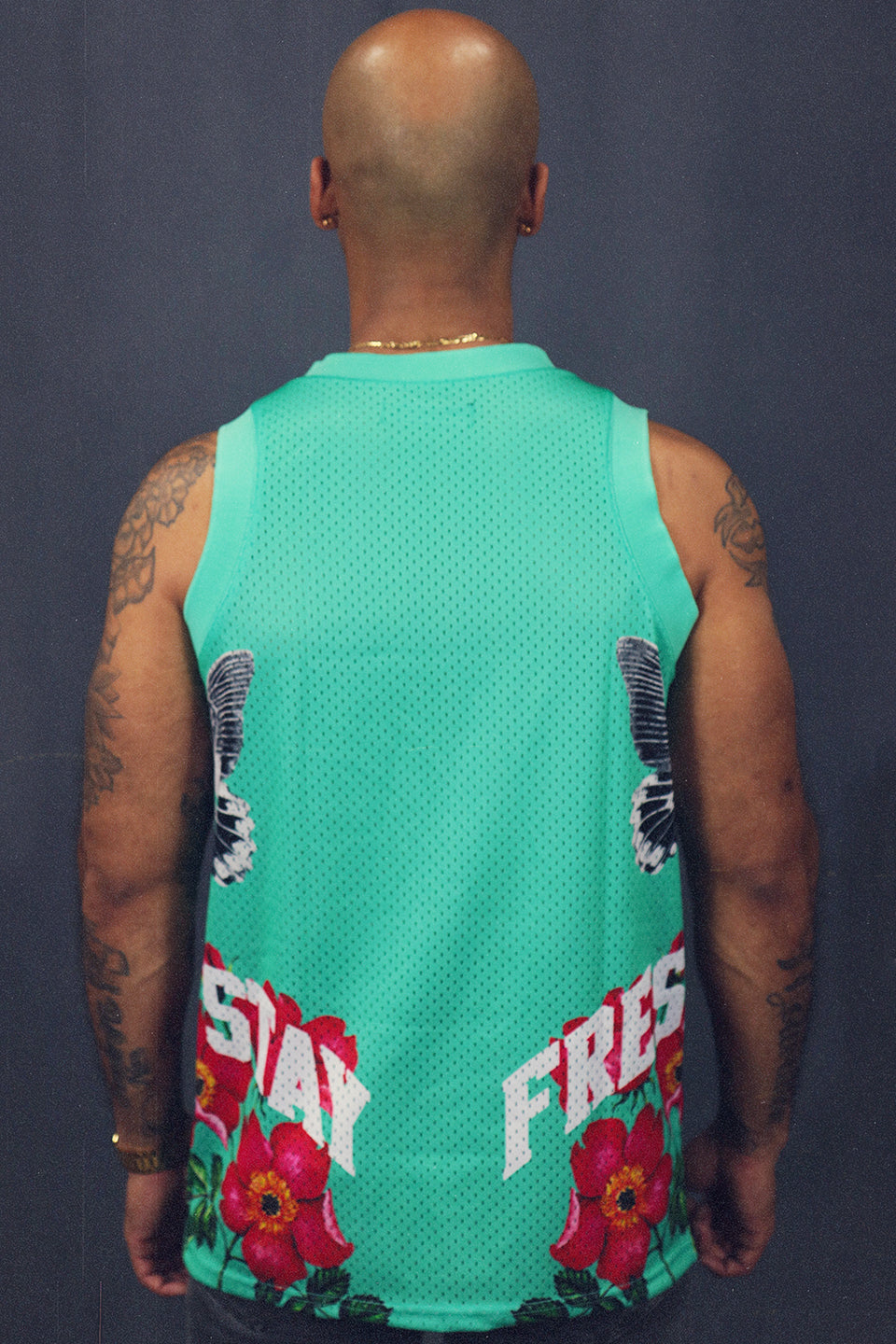 Men's Sleeveless Basketball Shirt Muscle Workout Aqua Sky Floral Mesh Tank Top back view