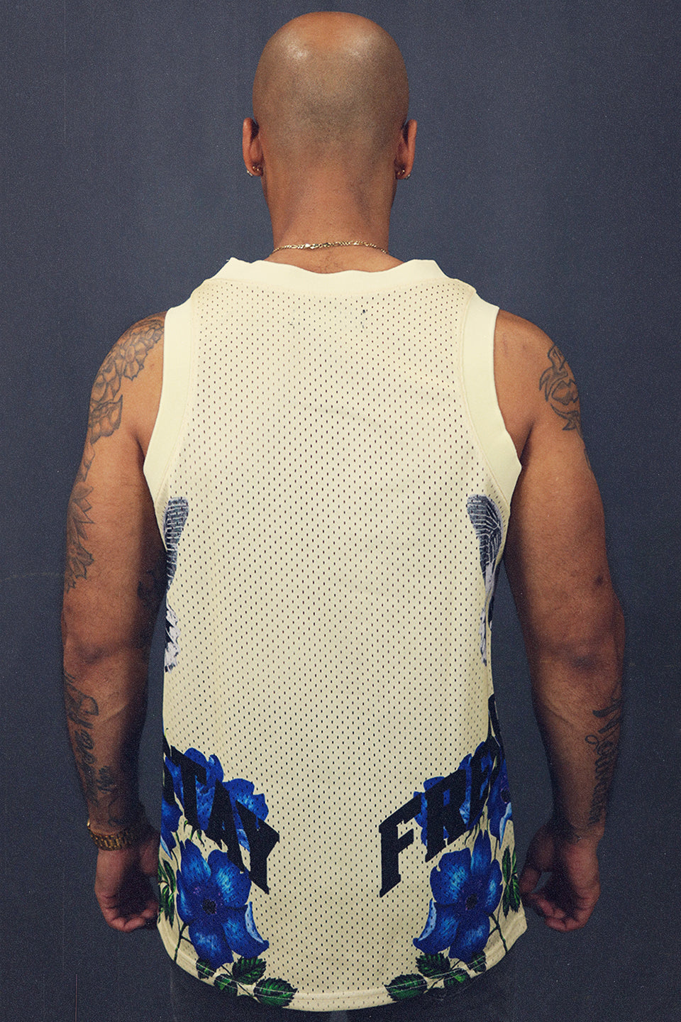 Men's Sleeveless Basketball Shirt Muscle Workout Cream Floral Butterfly Mesh Tank Top back view