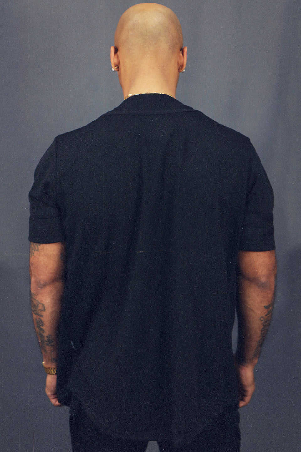 back of the Men's Baseball Button Up T-Shirt Baseball Blank Jersey | Black