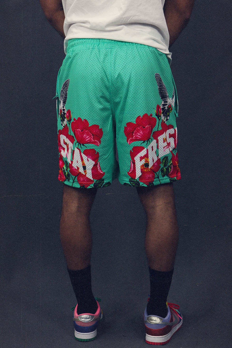 back of the Men's Hooper Basketball Workout Mint Mesh Floral Pigeon Retro Shorts