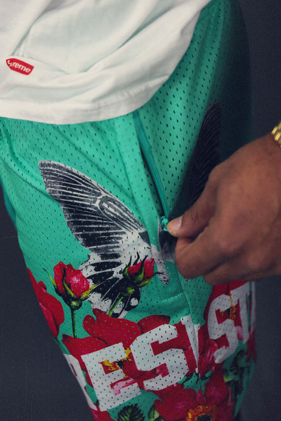 zipper pocket on the Men's Hooper Basketball Workout Mint Mesh Floral Pigeon Retro Shorts