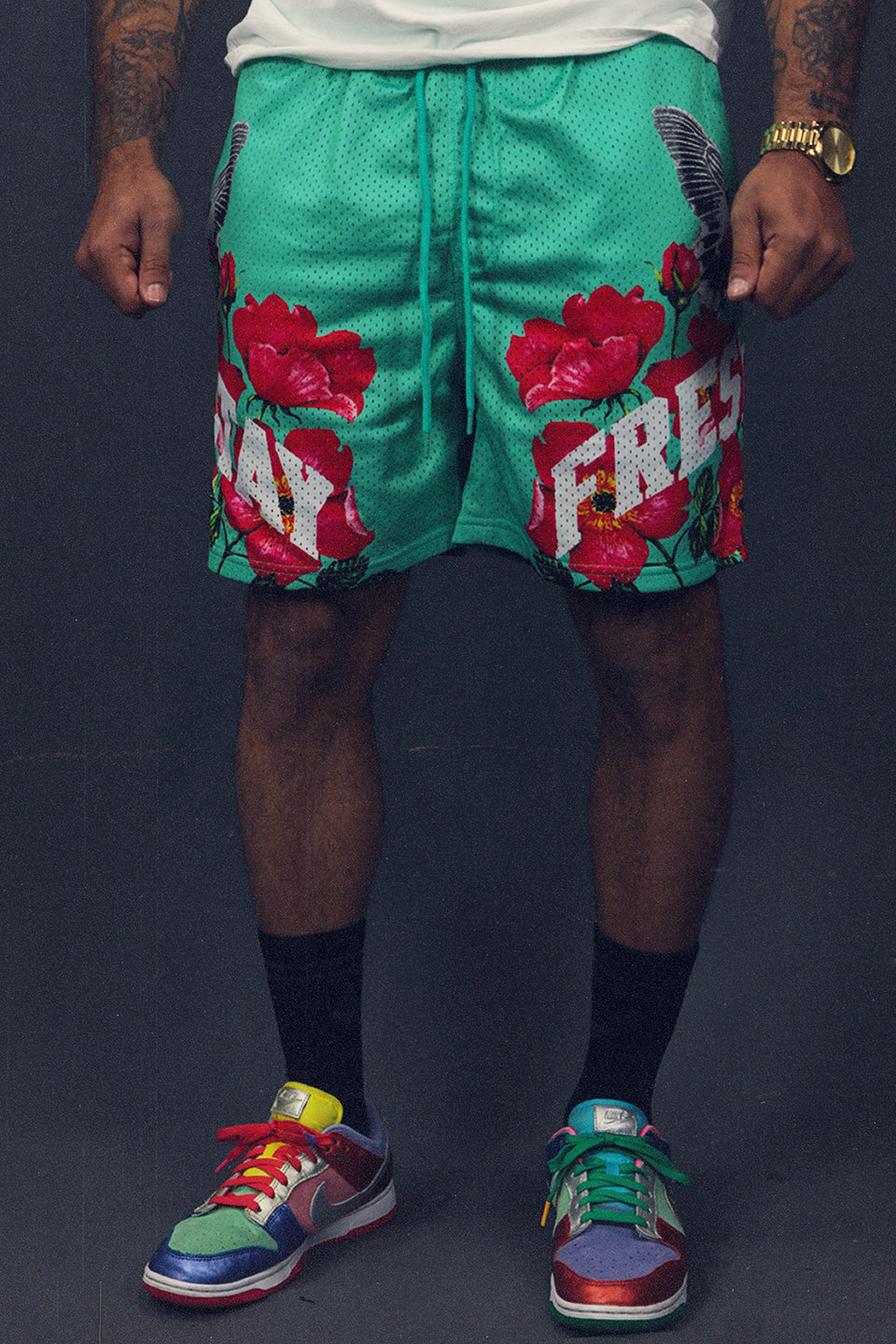 front of the Men's Hooper Basketball Workout Mint Mesh Floral Pigeon Retro Shorts