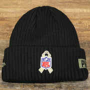 The backside of the Philadelphia Eagles Salute To Service On Field Cuffed Winter Beanie | Black Winter Beanie