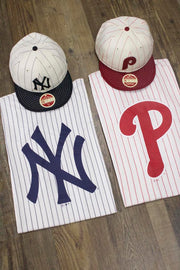 Yankees Vintage T-Shirt | New York Yankees Retro White Short Sleeve | Yankees Throwback White/Navy Pinstriped Shirt group shot