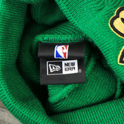 The New Era Tag on the Boston Celtics NBA City Series Metallic Gold Clover Winter Beanie | Green Winter Beanie