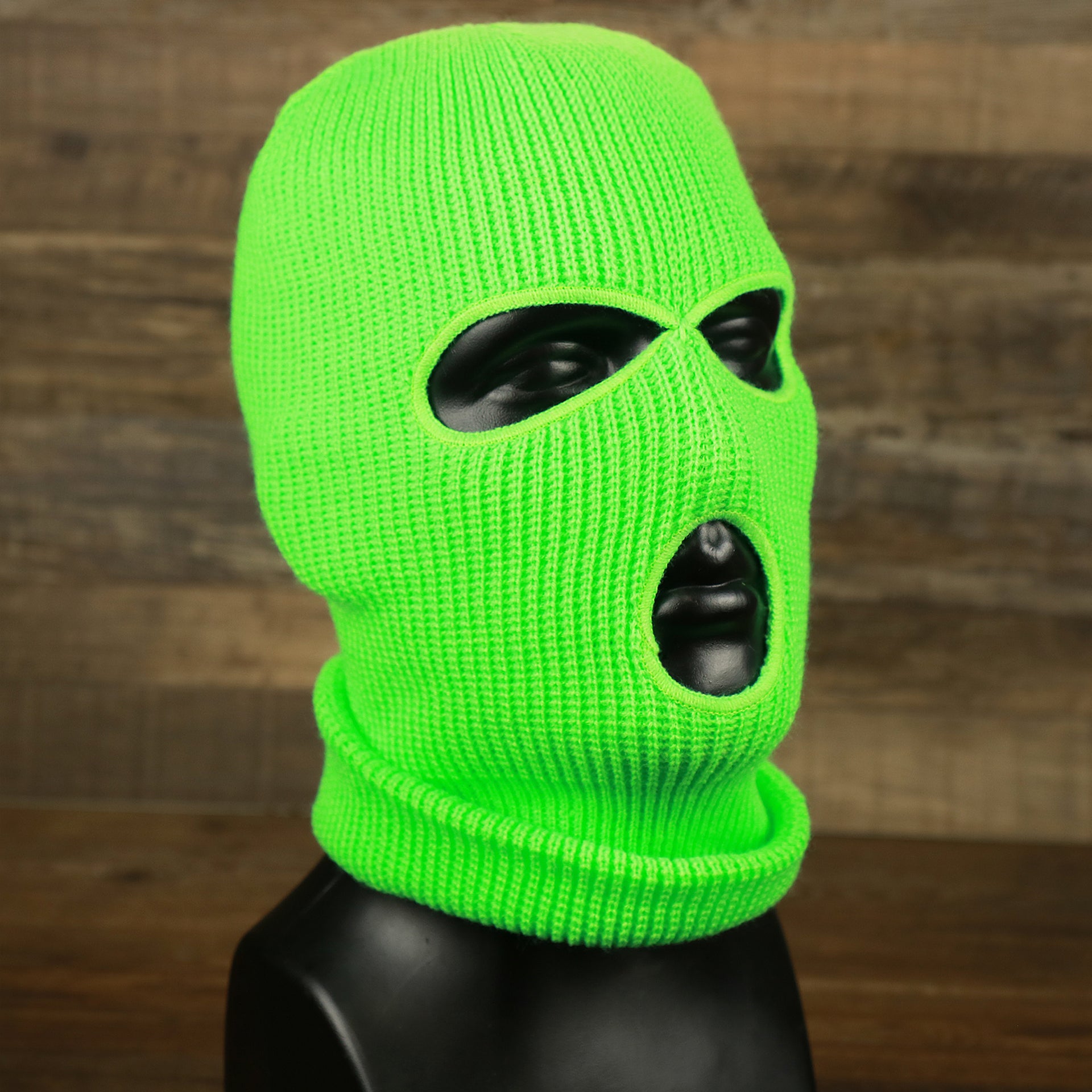 The Safety Green Snug Fit Three Hole Balaclava | Neon Green Knit Ski Mask pulled down