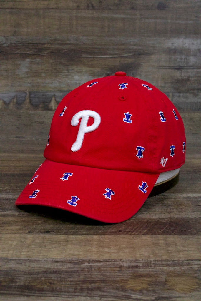 angle shot of the Philadelphia Phillies All Over Bell Confetti Red Women's Dad Hat