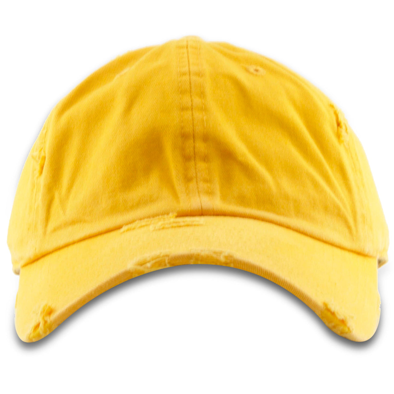 The yellow blank distressed dad hat is solid yellow with a soft unstructured crown and a bent brim